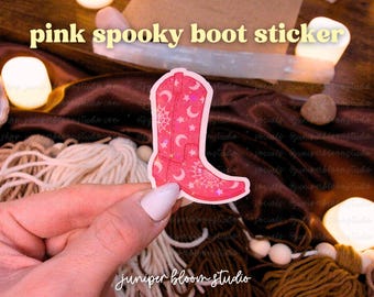 hot pink cowboy boot holographic sticker  |  spooky western halloween sticker