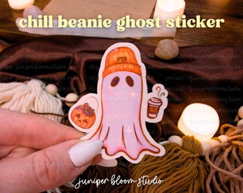 chill beanie ghost holographic sticker  |  spooky PSL halloween ghost sticker