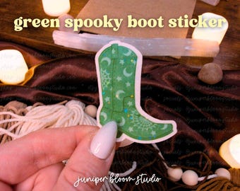 green cowboy boot holographic sticker  |  spooky western halloween sticker