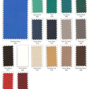 May include: A color chart featuring fabric swatches in various shades. Colors include Caribbean Blue, Aquamarine, Teal, Turquoise, Forest Green, Harbor Blue, Navy Blue, Sea Gull Gray, Charcoal, Onyx Black, Arctic White, and more. Each swatch has a corresponding color name and number.