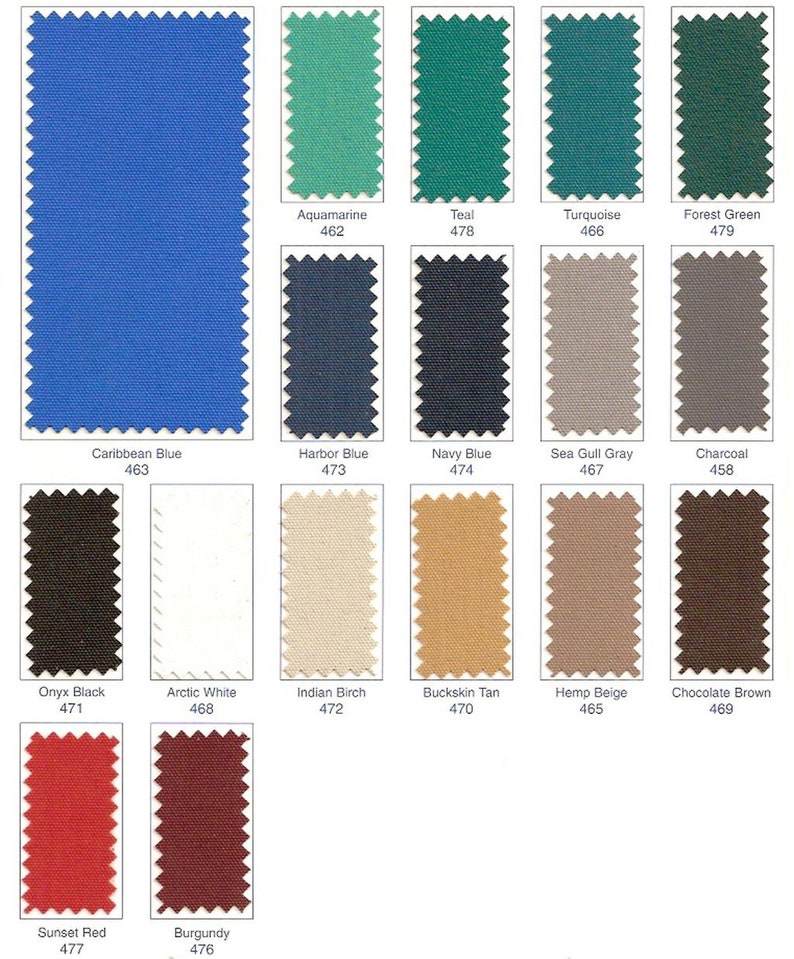 May include: A color chart featuring fabric swatches in various shades. Colors include Caribbean Blue, Aquamarine, Teal, Turquoise, Forest Green, Harbor Blue, Navy Blue, Sea Gull Gray, Charcoal, Onyx Black, Arctic White, and more. Each swatch has a corresponding color name and number.