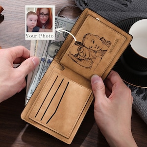 Cartera con foto personalizada para hombre, cartera de cuero grabada para hombre, cartera con monograma, cartera con foto, regalos de Navidad para papá, marido