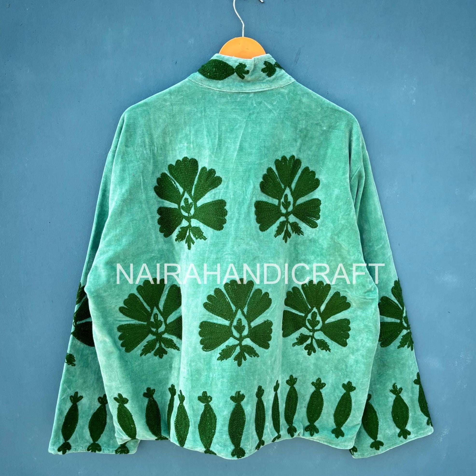 Velvet Handmade Embroidered Jacket – Handmade Green Floral Suzani
