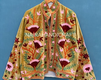 Handmade Suzani Velvet Jacket: Floral Embroidered Boho Coat
