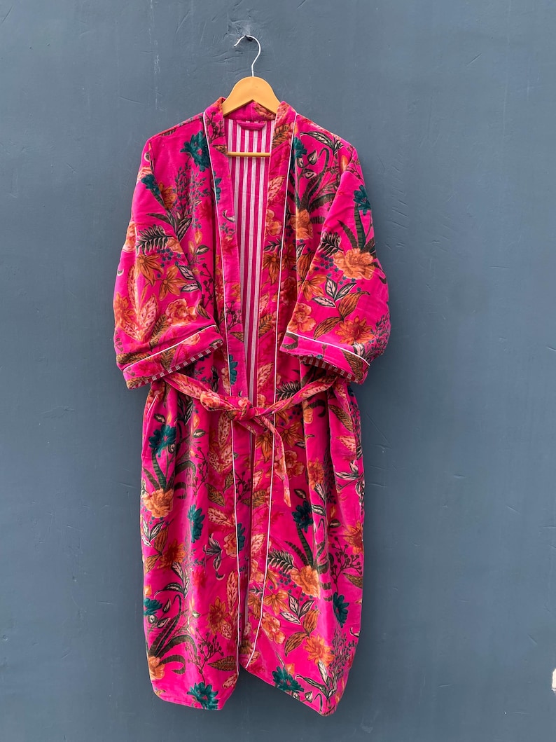 Handmade Velvet Kimono Robe: Floral Print Boho Duster Jacket - Etsy