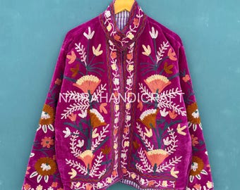 Velvet Suzani Embroidered Jacket | Handmade Floral Bohemian Short Coat