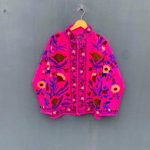Handmade Suzani Embroidered Cotton Jacket: Indian Floral Overcoat