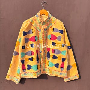 Hand-Embroidered Fish Pattern Jacket – Vibrant Boho Woolen Coat – Colorful Artistic Winter Jacket – Casual Jacket, Christmas Gifts,