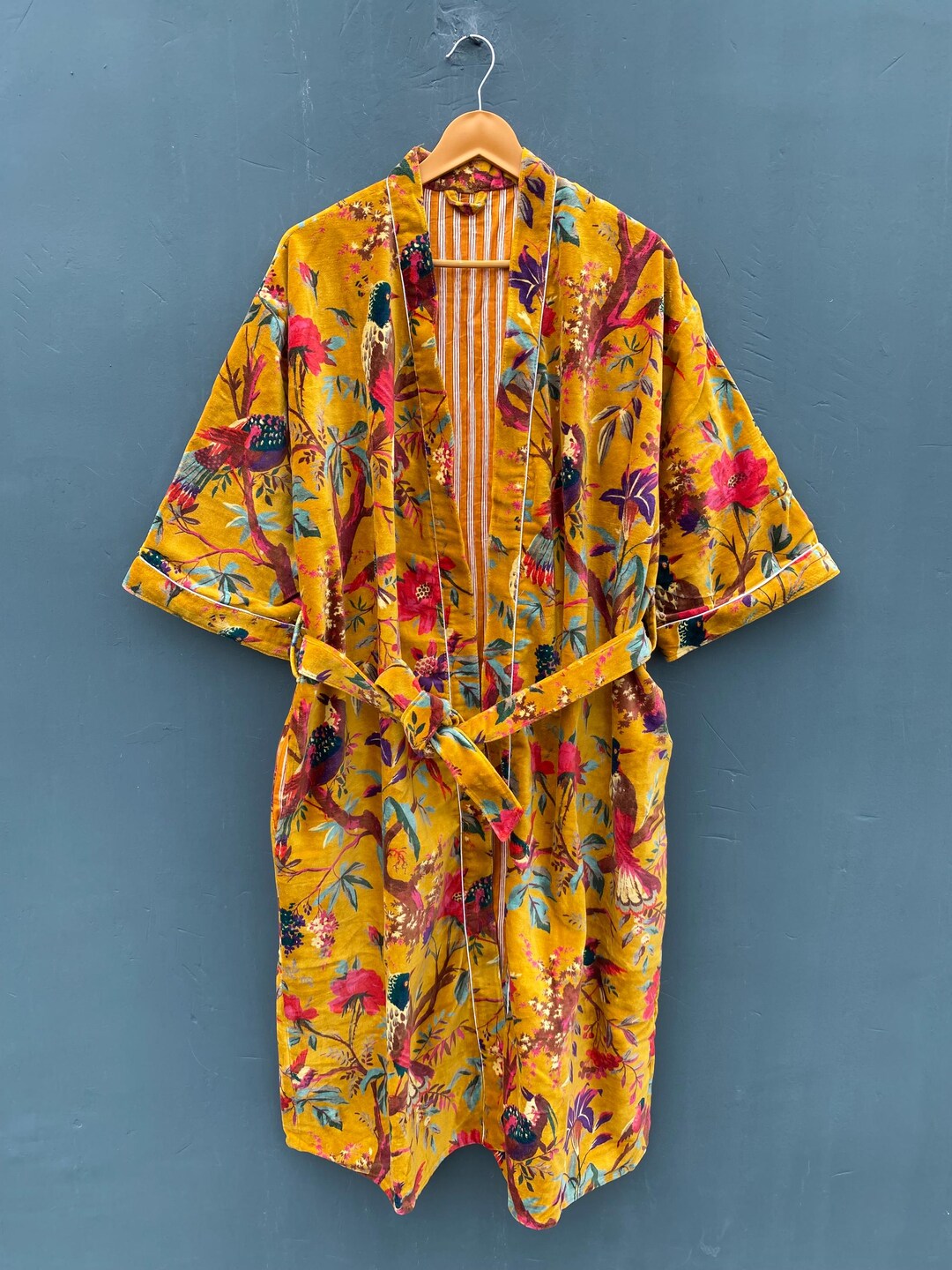 Mustard Yellow Robe Mustard Yellow Floral Velvet Kimono Robe | Bird & Floral Print Boho ...