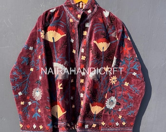 Floral Embroidered Velvet Jacket –  Statement Coat | Boho Luxury Outerwear | Handmade Art Jacket, Newyear Gifts