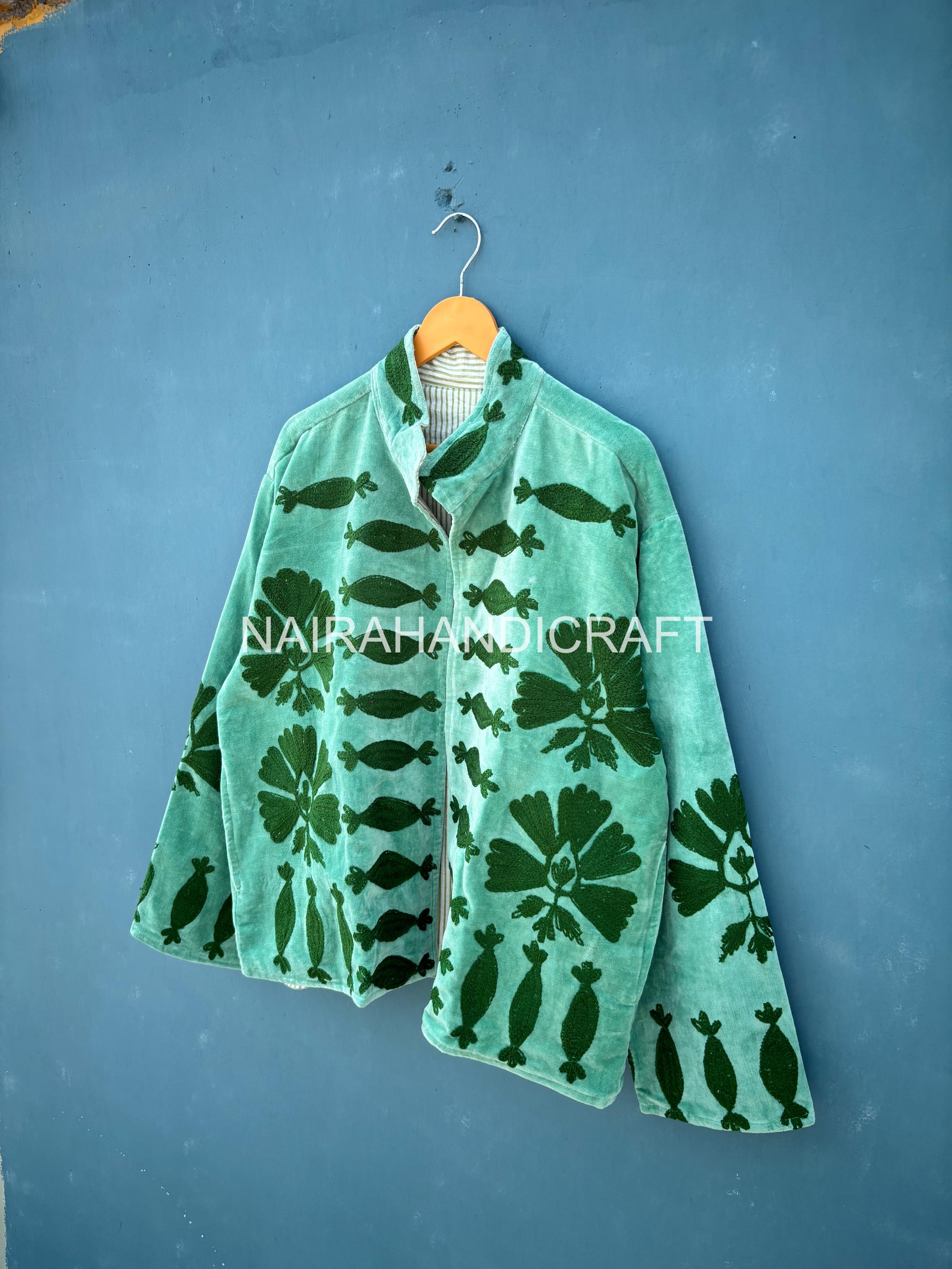 Velvet Handmade Embroidered Jacket – Handmade Green Floral Suzani