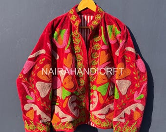 Hand Embroidered Velvet Jacket – Floral  Art Statement Coat | Boho Luxury Outerwear | Handmade Art Jacket, Christmas Gifts