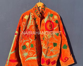 Hand Embroidered Velvet Jacket – Floral Art Statement Coat | Boho Luxury Outerwear | Handmade Art Jacket, Christmas Gifts