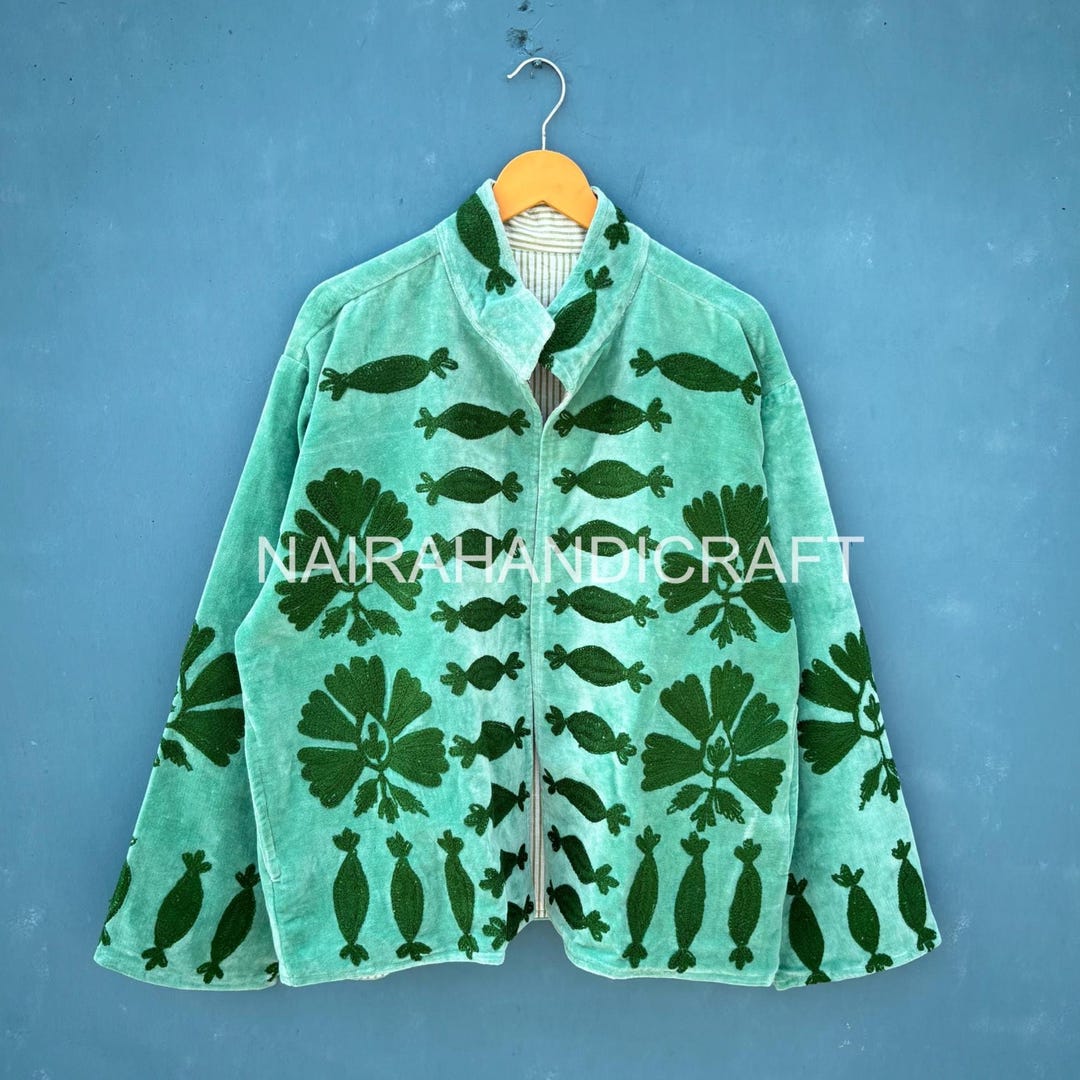 Velvet Handmade Embroidered Jacket – Handmade Green Floral Suzani