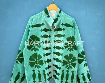 Velvet Handmade Embroidered Jacket – Handmade Green Floral Suzani  Coat