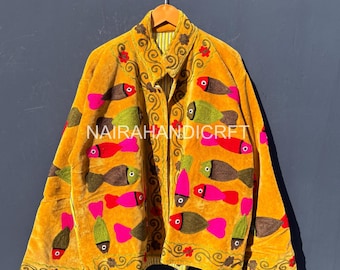 Fish Embroidered Velvet Jacket – Art Statement Coat | Boho Luxury Outerwear | Handmade Art Jacket, Christmas Gifts