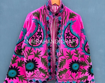 Handmade Suzani Velvet Jacket: Bohemian Embroidered Floral Coat