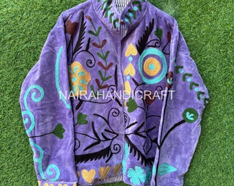 Jaqueta de veludo roxa feita à mão com bordado floral colorido | Roupa étnica boho