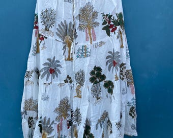 Handcrafted White Cotton Long Skirt with Botanical Tree Print | Bohemian Ethnic Maxi Skirt | Handmade Indian Skirt for Women