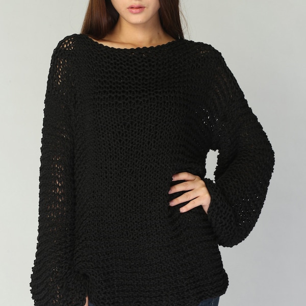Hand Knit Oversized Eco Cotton Sweater - Black Knit Jumper