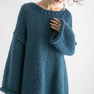 Hand knit woman sweater OVERSIZED mohair sweater top pullover Foggy Blue sweater