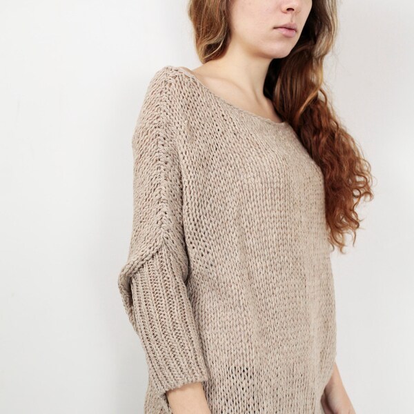 OVERSIZED Hand knit Woman sweater/ Knit sweater kimono sleeve pullover wool sweater wheat