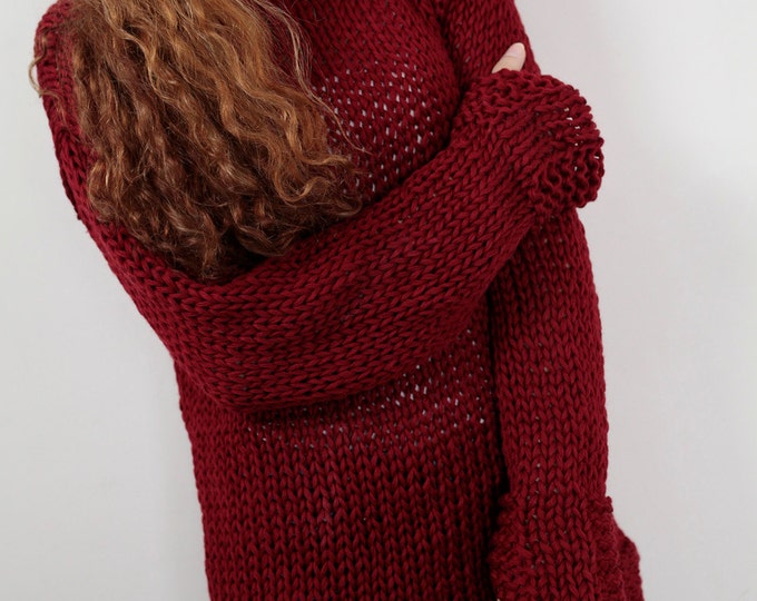 Hand knit woman cotton sweater long pullover sweater wine burgundy