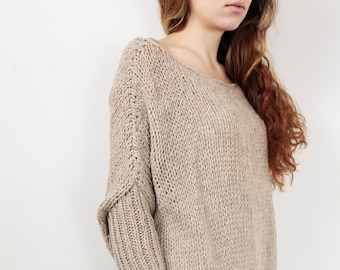 OVERSIZED Hand knit Woman sweater/ Knit sweater kimono sleeve pullover wool sweater wheat