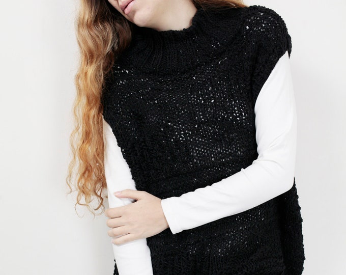 Hand knit woman Tunic sweater long sweater vest black pullover sweater