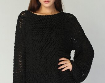 Simple is the best - Hand knit woman sweater Eco sweater oversized Black - ready to ship