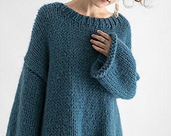 Handgestrickter Damen Pullover OVERSIZED Mohair Pullover Top Pullover Foggy Blue Pullover