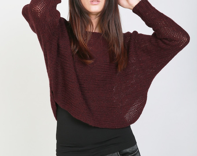 Hand knit sweater pullover top cropped sweater plum wool sweater