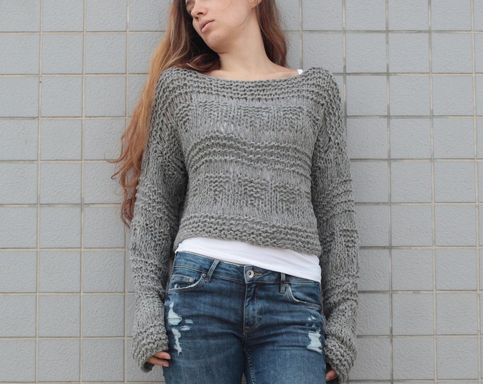 Hand knit sweater wool woman sweater cropped sweater Grey pullover sweater