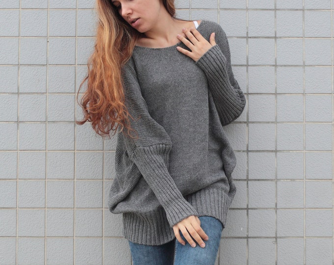 OVERSIZED Woman sweater/ Knit sweater kimono sleeve charcoal grey pullover wool sweater