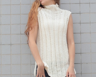 Hand knit woman cotton tunic sweater Tank knit White Cream pullover Top