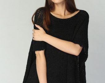 Hand knit woman Poncho/ capelet eco cotton poncho in Black -ready to ship