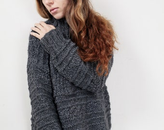 Hand Knit Oversized Wool Sweater: Charcoal Chunky Knit Pullover