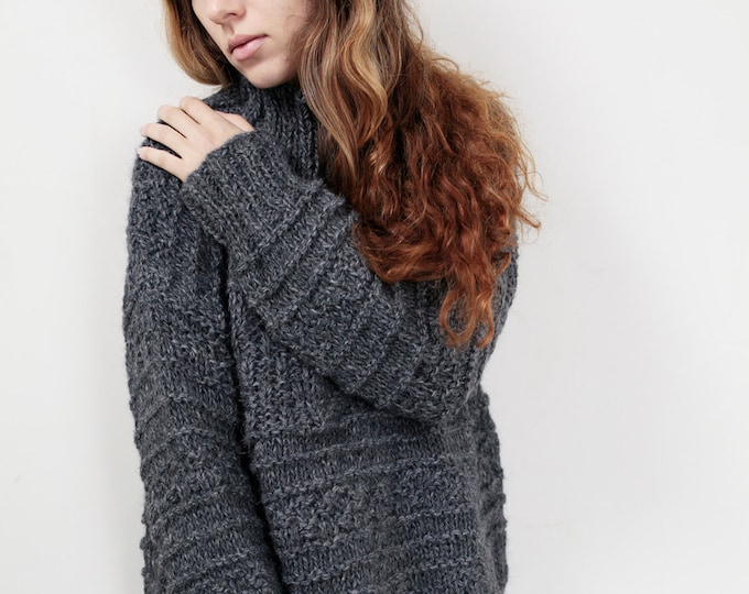 Hand knit oversized sweater wool woman sweater long sweater Charcoal pullover sweater