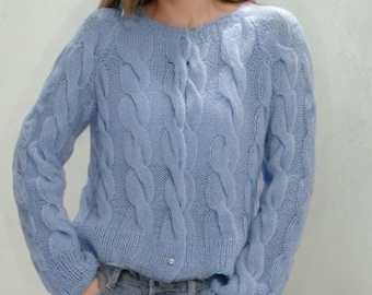 Hand knit oversize woman sweater rose pink Mohair button front cardigan