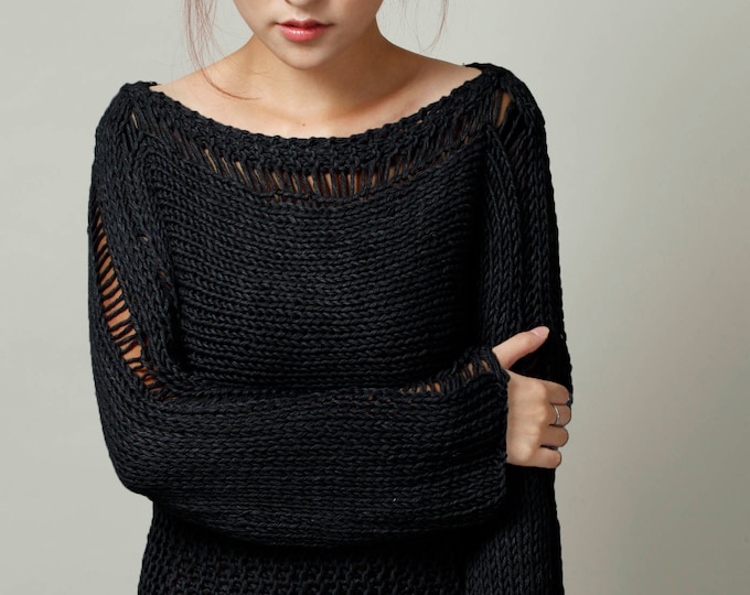 Hand Knit Woman Sweater Eco Cotton Oversized black sweater