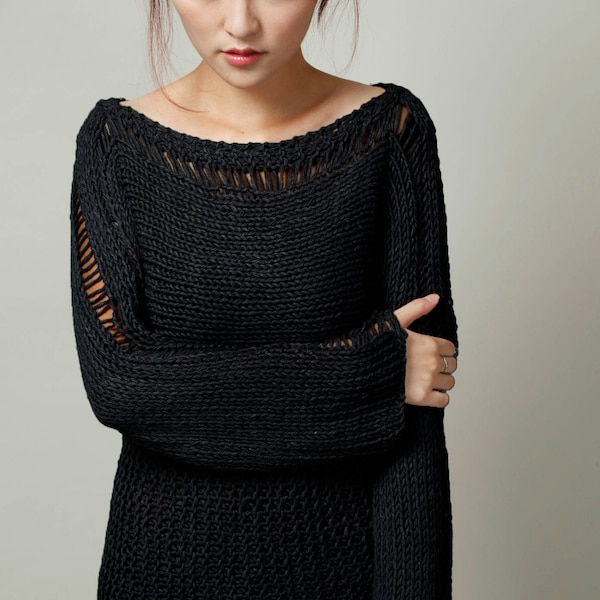 Hand Knit Woman Sweater Eco Cotton Oversized black sweater