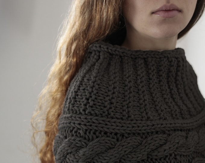 Hand knit woman poncho charcoal capelet Chunky Neck Warmer/Cowl/Tube Scraf cable pattern