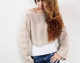 Hand knit sweater Little cover up top cropped sweater wheat pullover sweater