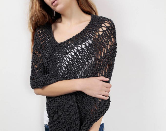 Hand knit little cotton poncho knit scarf knit shrug Charcoal woman sweater