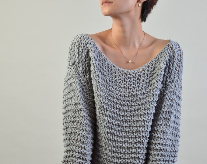 Simple is the best - Hand knit sweater Eco cotton oversized light grey- ready to ship