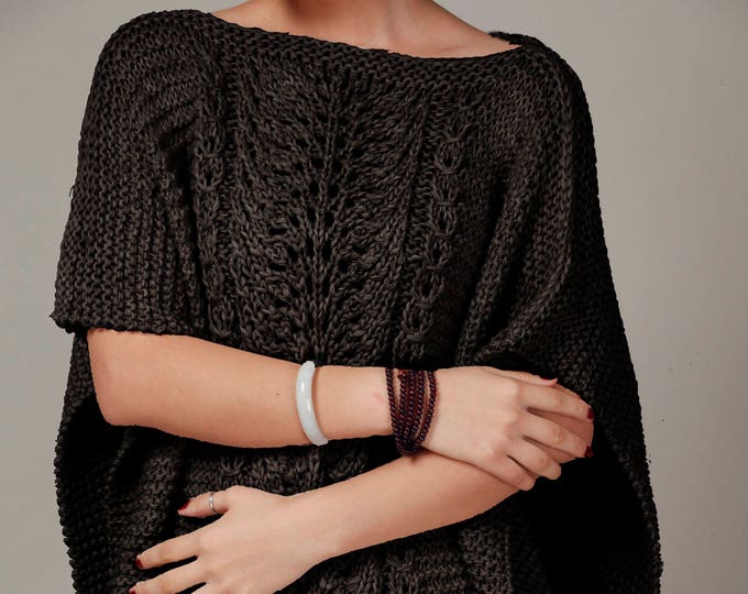 hand knit woman cotton Poncho capelet Black sweater