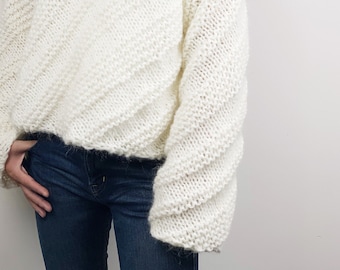 Hand knit woman mohair sweater cropped top pullover sweater white cream