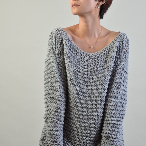 Simple is the best - Hand knit sweater Eco cotton oversized light grey- ready to ship