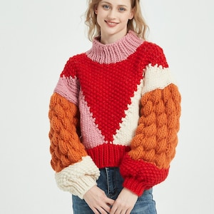 Hand knit oversize woman pullover sweater slouchy wool color block sweater