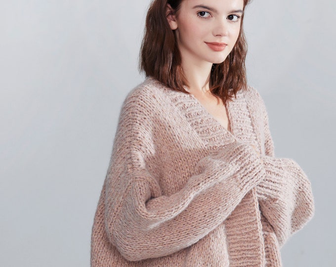 Hand knit oversize woman sweater chunky slouchy Dusty Pink Mohair wool long cardigan
